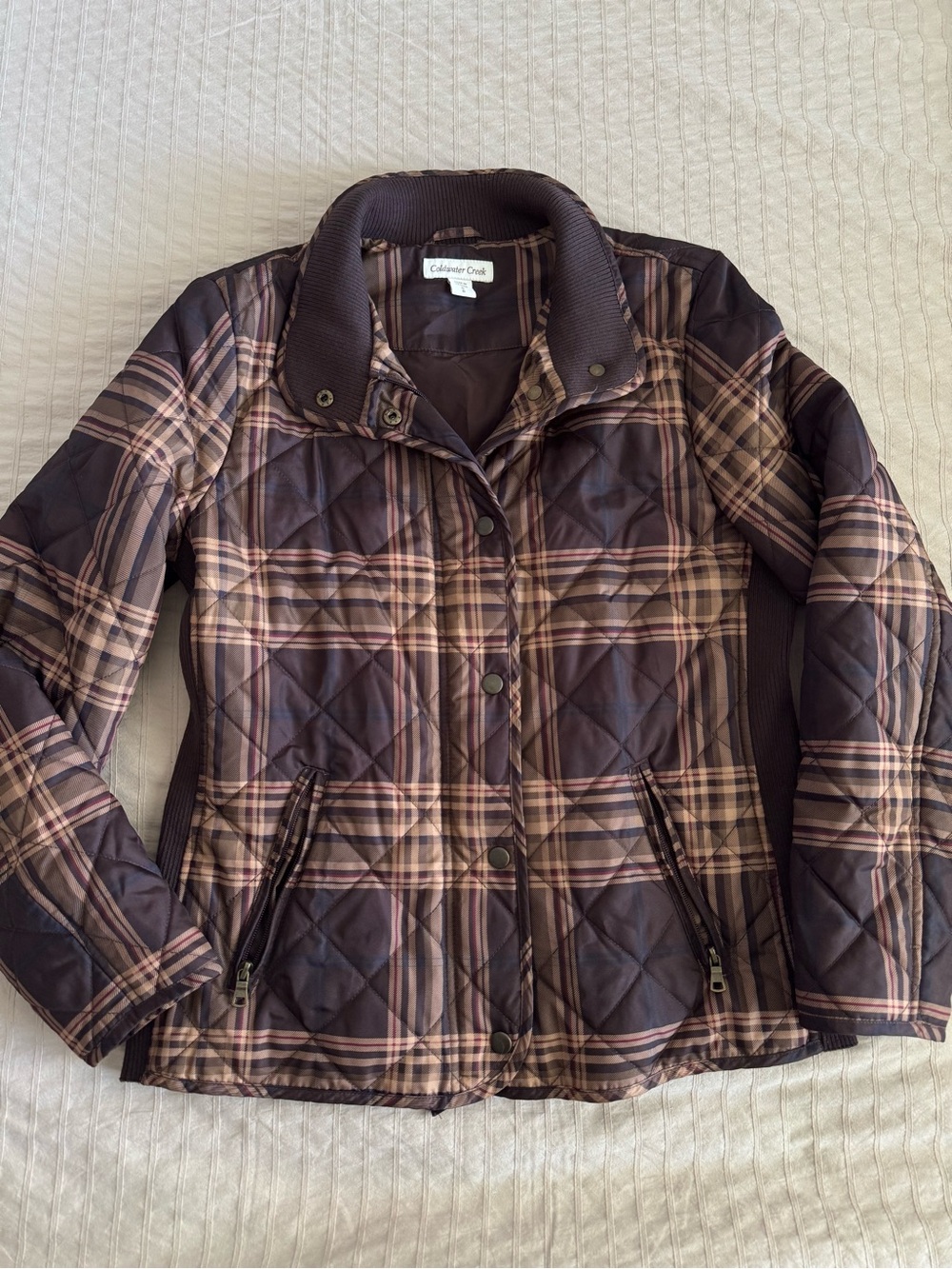 Coldwater Creek Quilted Plaid Puffer Jacket in Brown and Pink